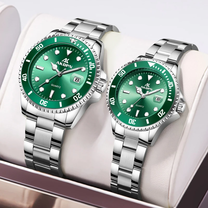 Moda Casal Quartz Assista Aço Inoxidável Strap Impermeável Relógio Verde Rosa Dial Data Relógio para Amantes Presente Reloj