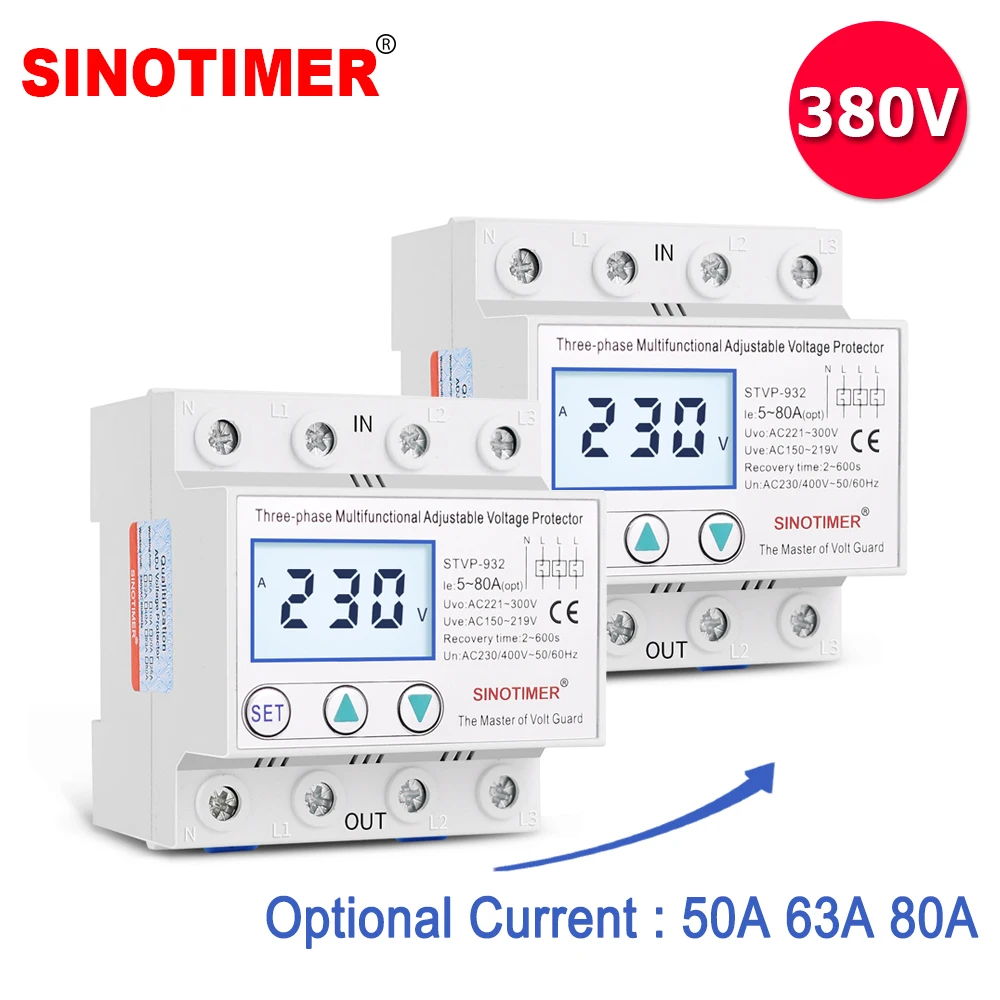 Industrial Three Phase AC 380V 80A Adjustable Surge Voltage Protector Automatic Recovery Over Under Voltage Potective Device