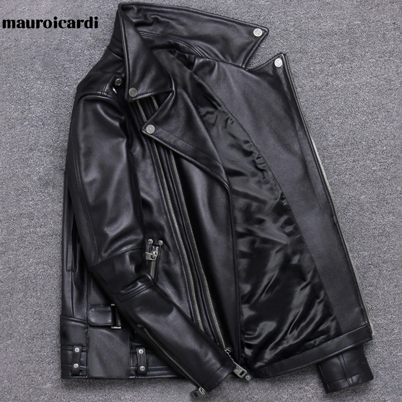 Mauroicardi Spring Black Pu Leather Motorcycle Jacket for Men Style Long Sleeve Zipper Pockets Mens Leather Jackets and Coats