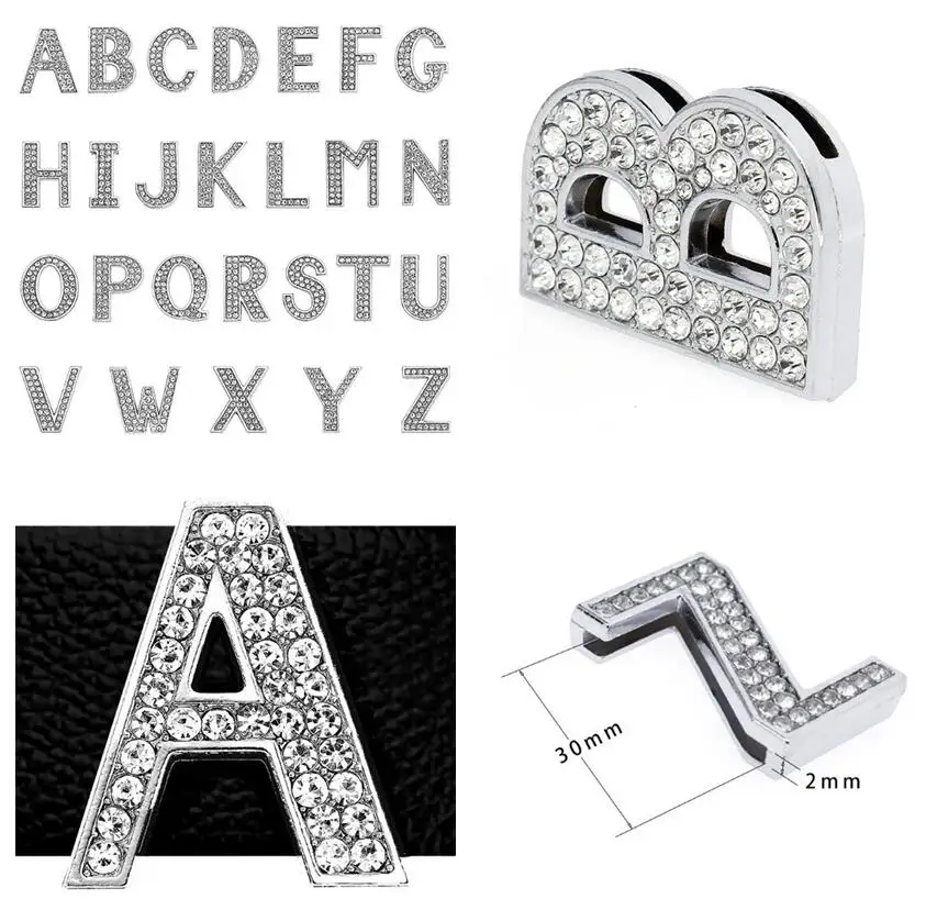 1PC Hole 30MM Slide Letter A-Z English Alphabet Bling Rhinestones Slide Charms Fit For DIY Bracelet Wristband Keychains