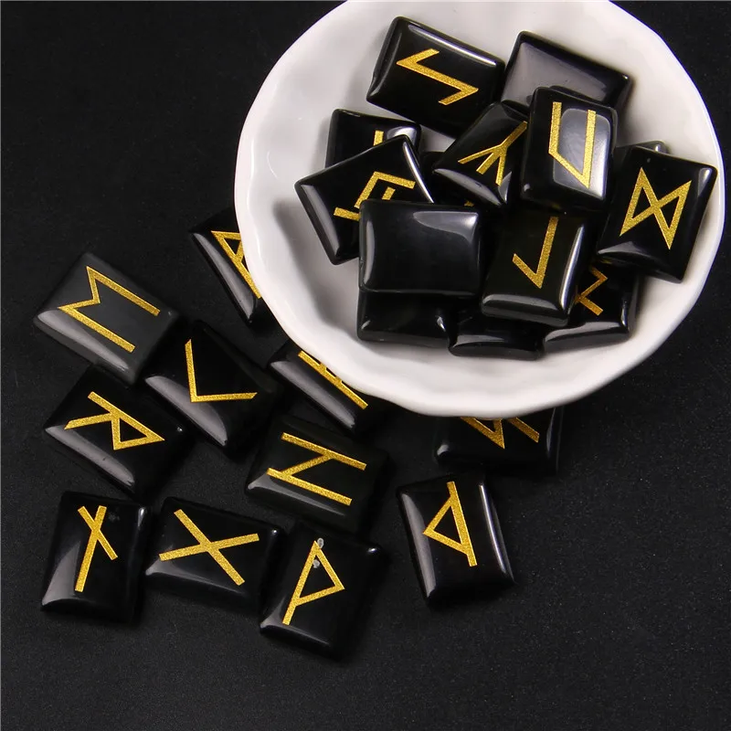 Wholesale 25pcs/lot Rectangle Natural Agat Crystal Rune Stone Viking Runes Amulet Set Reiki Healing Divination Stones Gift Decor