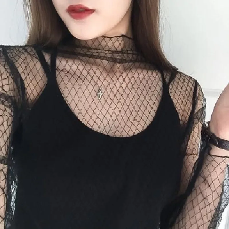 Ruoru Korean Clothing Full Sleeve Tshirt Harajuku Mesh Top See Through T Shirt Transparent Femme T-shirts Kawaii Clothes Female
