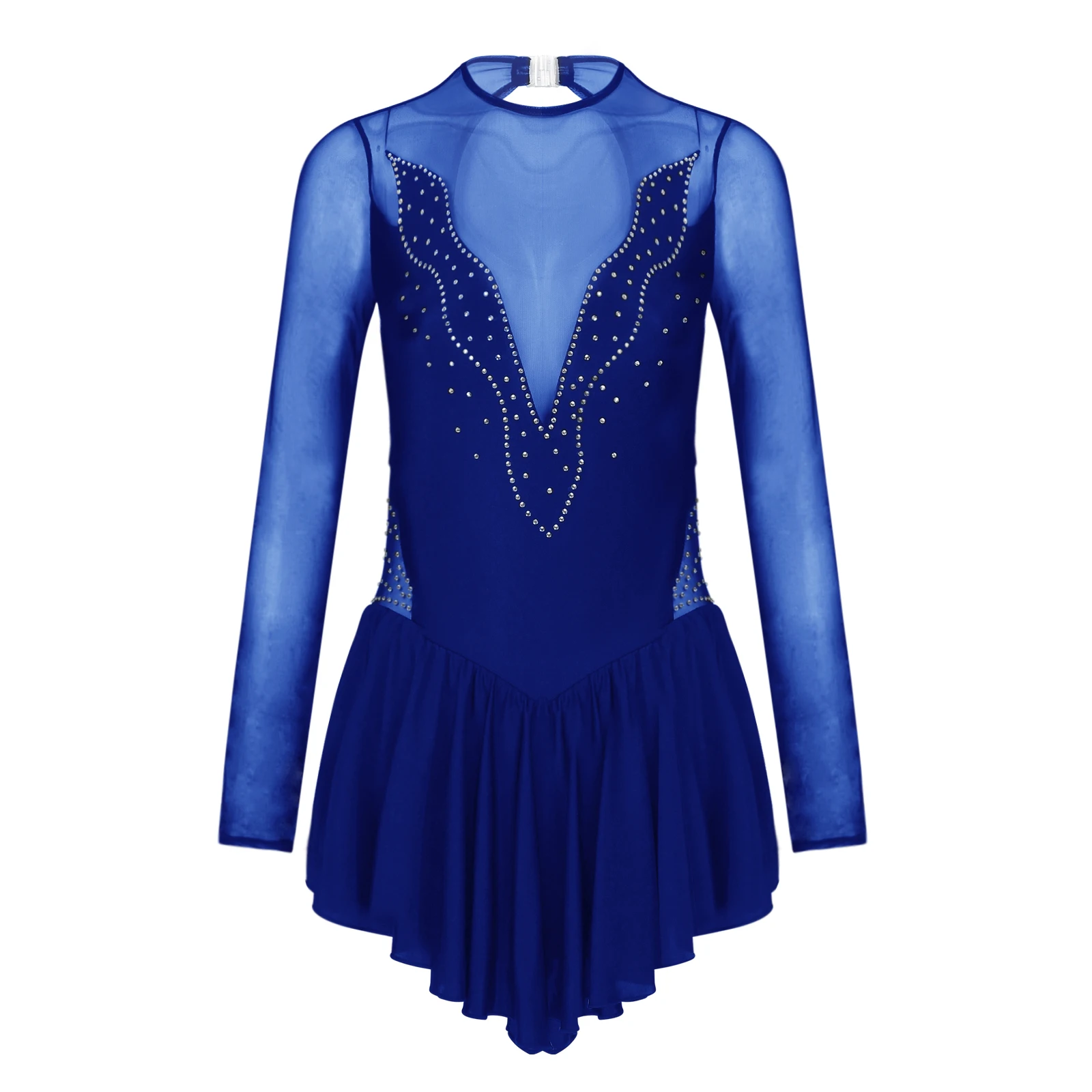 Women Long Sleeve Figure Skating Leotard Dress Sheer Mesh Rhinestone Ballet Dresses Dance Gymnastic Training Performance Costume