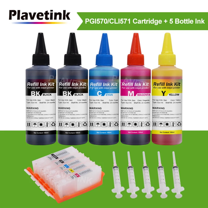 Plavetink PGI-570 CLI-571 Refill Ink Cartridge + 5 Bottle Ink Compatible For Canon PIXMA TS5050 TS5051 TS5053 TS5055 TS6050