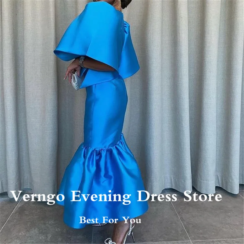 Verngo modesto árabe azul cetim vestido de noite o pescoço meia mangas sereia vestidos de baile comprimento do tornozelo vestido de evento feminino personalizado