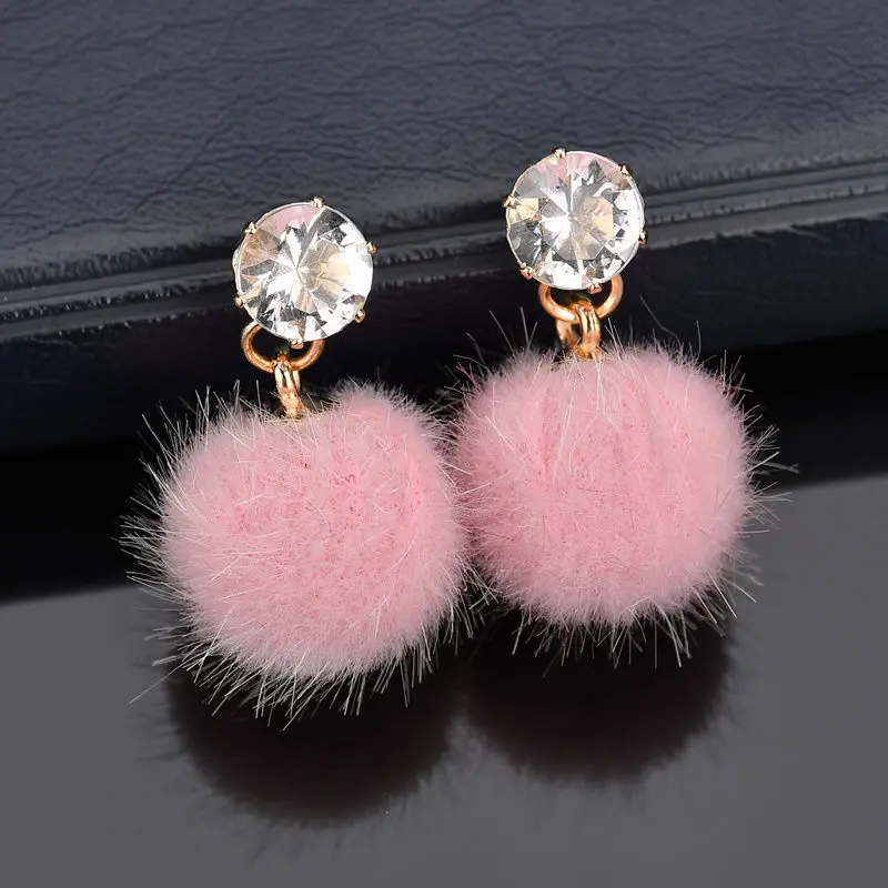 Korean Sweet Hair Ball Dangle Earring For Women Jewelry Pink Red Crystal Female Personality Simple Pink Plush Fur Brincos Gift