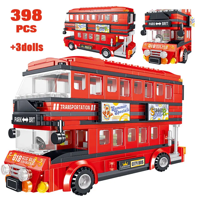 398PCS Brt Double Deck Bus Building Blocks Red Bus City School Car Bricks Enlightenment Toys for Kids