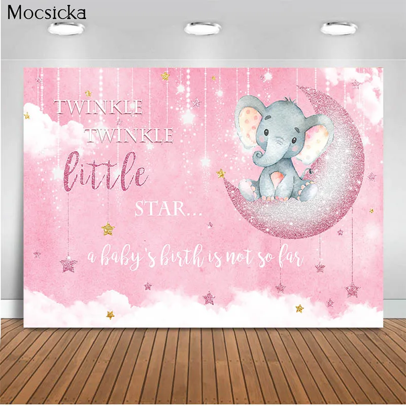 귀여운 코끼리 베이비 샤워 배경 핑크 로즈 골드 문 장식 사진 배경 반짝임 작은 별 배너 배경