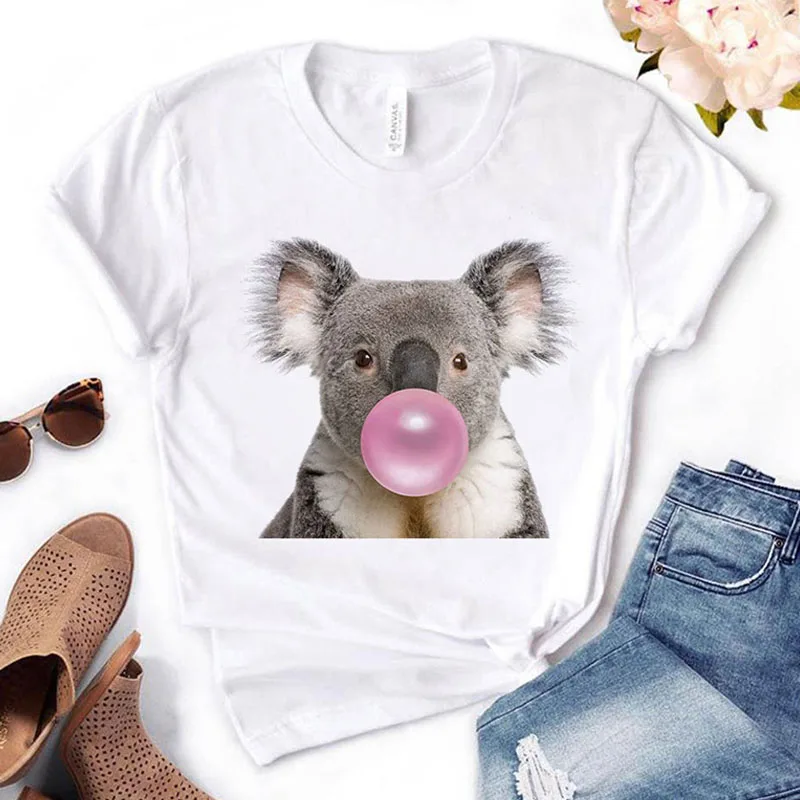 Women's T-shirt Koala chewing gum casual Harajuku t-shirt printing female t-shirt O-neck to his wife Yong Girl top T-shirt