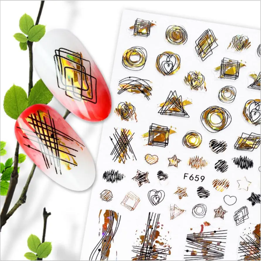 1pc Summer Glitter Nail Decals Stickers Gold Black White Leaf Manicuring Foils Geometric Slider Nail Art Adhesive Decor T0249