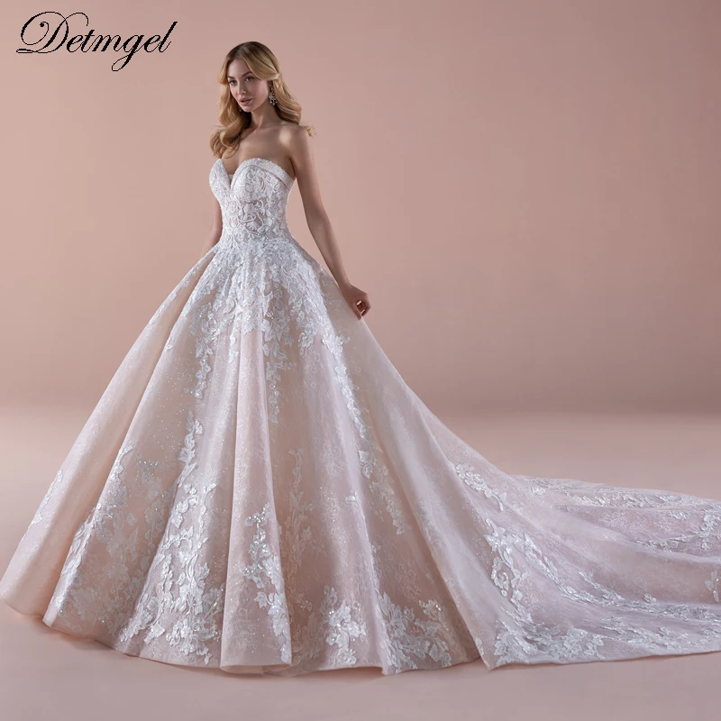 

Detmgel New Sexy Strapless Lace Up Beaded Bride A-Line Wedding Dresses Appliques Chapel Train Princess Bridal Gown Customized