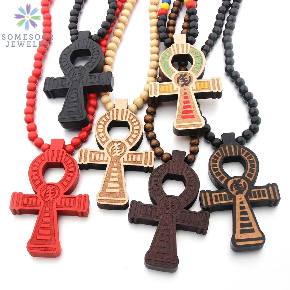 SOMESOOR Adinkra Symbol African Wooden Pendant Necklace Afro Ethnic Elastic Handmade DIY Wood Beads Chain Jewelry For Women Gift