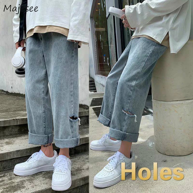 

Men Jeans Ankle-length Leisure Washed Holes Chic Streetwear All-match Denim Mens Wide Leg Trousers Students Solid Harajuku Teens