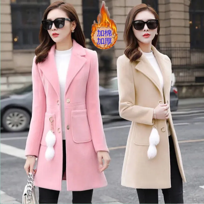 2024 Autumn Winter Ladies New Version Of The V-neck Solid Color Woolen Coat Women\'s Mid-Length Slim Thin Woolen Coat