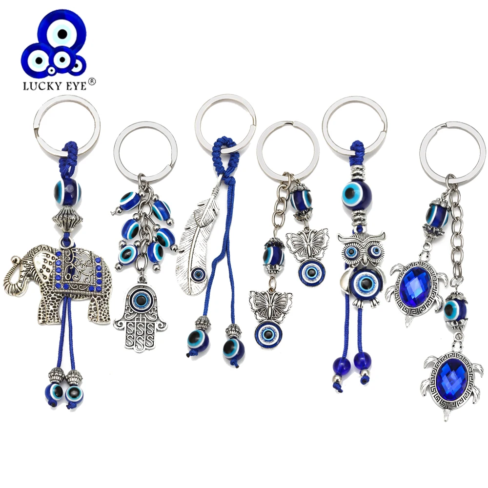 Lucky Eye Butterfly Elephant Owl Fatima Hand Evil Eye Pendant Keychain Keyring Silver Color Key Chain Holder for Women Men BE39