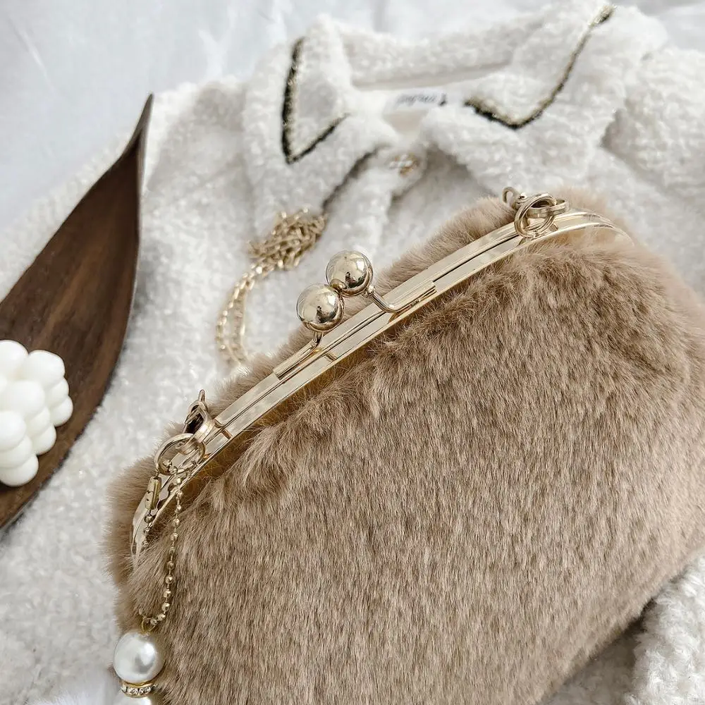 Plush Frame Bag Chain Winter Bags For Women 2021 New Pearl Crossbody Bag Solid Comfortable Shoulder Bags Luxury Designer Handbag