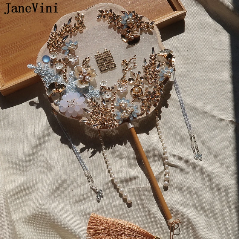 JaneVini Elegant Chinese Blue Beaded Bridal Bouquet Fan Cover Face Artificial Lace Flowers Metal Jewelry Fan Wedding Accessories