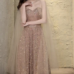 Champagne Gold Evening Dresses Cape A-line Sequins Shiny Party Host Floor-Length Strapless Woman Quinceanera Cocktail Prom Gowns