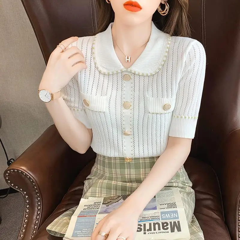 

Ice Silk Knitted Short Sleeve Female Summer 2023 New French Lapel Fashion Design Hollow Out Top