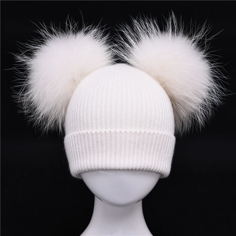 Children\'s Winter Toddler Baby Kids Cashmere Knitted Hat Beanie with 2 Double Real Fur Pom Poms Ears Hat for Boys and Girls