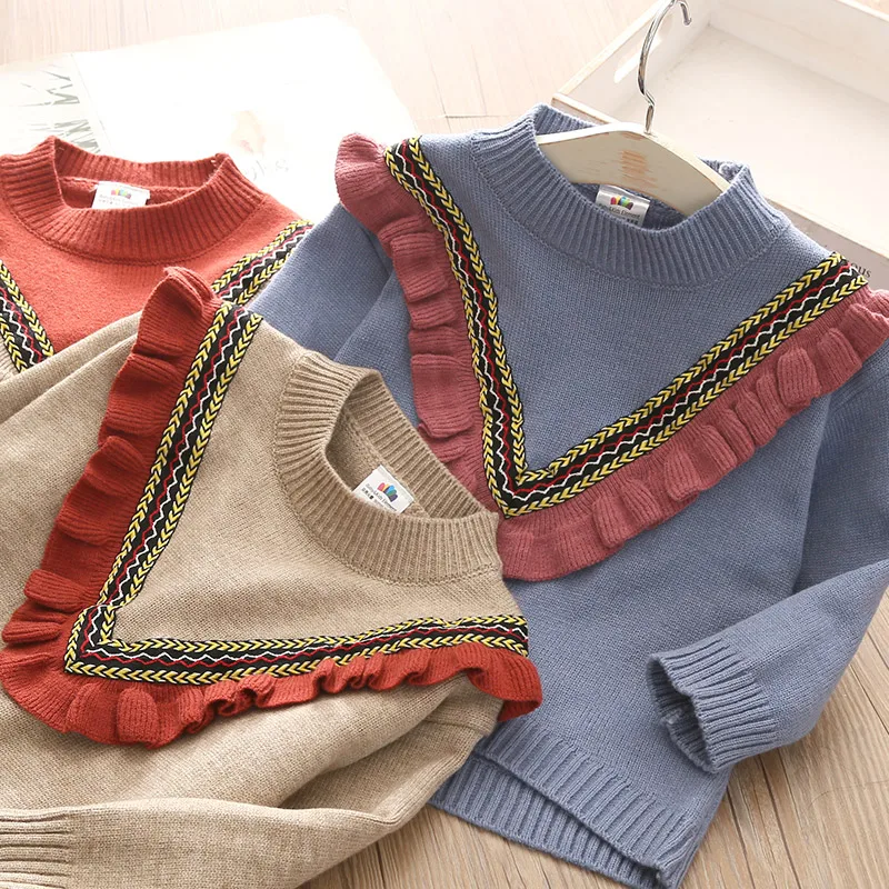 Autumn Winter Spring 2 3 4 6 8 10 12 Years Children O-Neck Knitted Pullover Cotton Ruffles Patchwork Kids Baby Girl Sweater