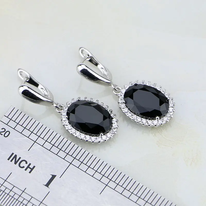 Round Shaped Black Stones White Zircon Sterling Silver Jewelry Sets For Women Wedding Earrings/Ring/Pendant /Necklace