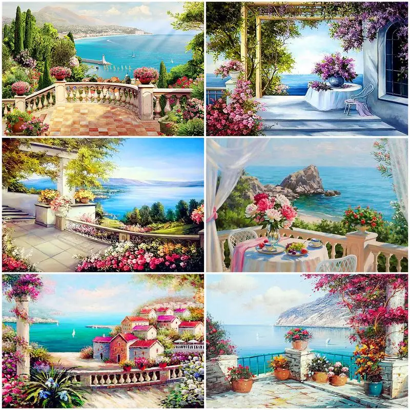 GATYZTORY Pictures By Numbers Seaside Landscape Paint Canvas Coloring Oil Painting Flowers HandPainted Home Decoration