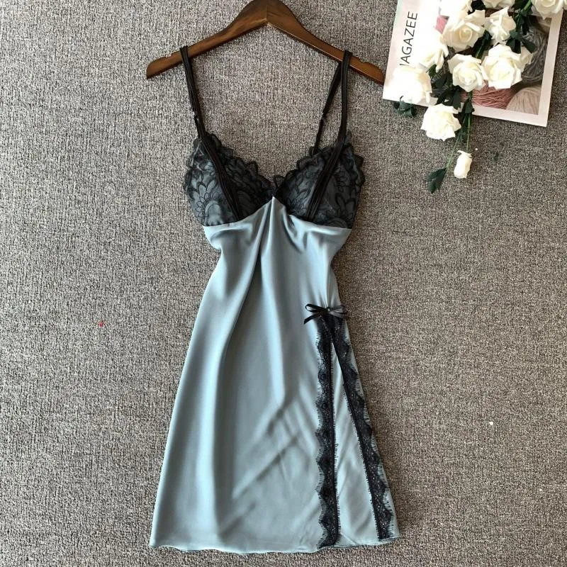 Summer Mini Nightgown Women Lace Sleep Dress Sexy V-neck Sleepwear Satin Silky Nightdress Female Spaghetti Strap Sleepwear