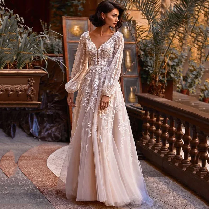 Eightree Vestido de Noiva Renda 2021 Lace Wedding Dresses Women Long Sleeve Bride Dress V Back Champagne Vintage Wedding Gowns