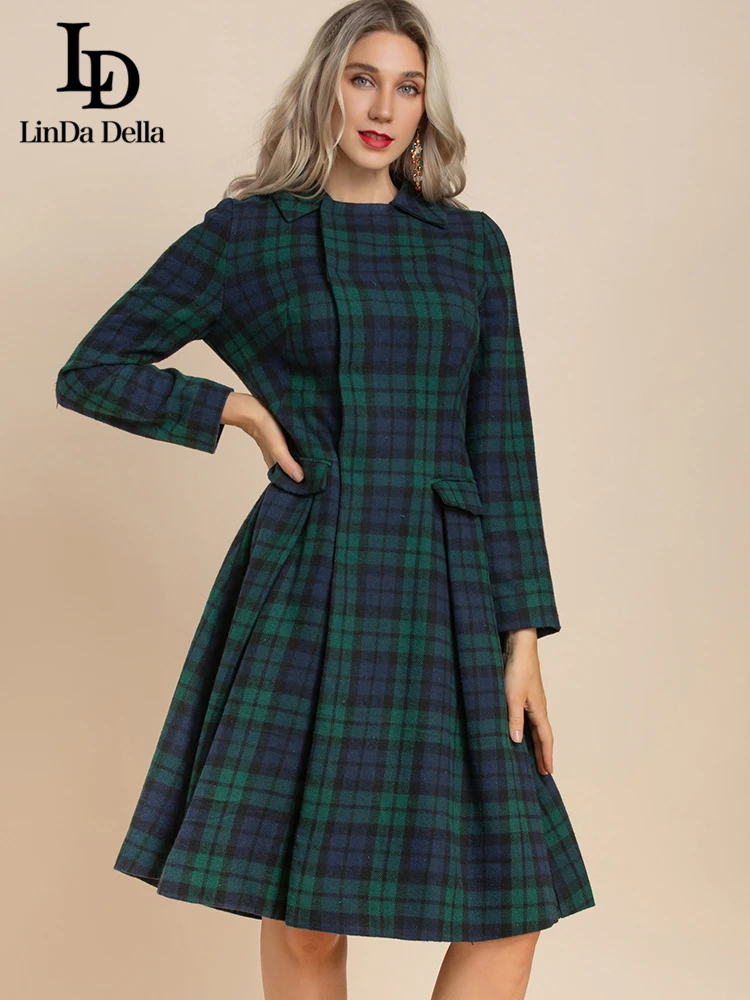 LD LINDA DELLA Designer Runway Autumn Winter Vintage Party Dress Women's Single Breasted Long Sleeve Green Plaid Fashion Dress