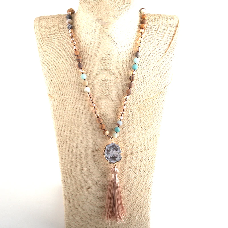 Fashion Boho Jewelry Natural Stones Long Knotted Necklace Druzy Stone Charm Tassel Necklaces