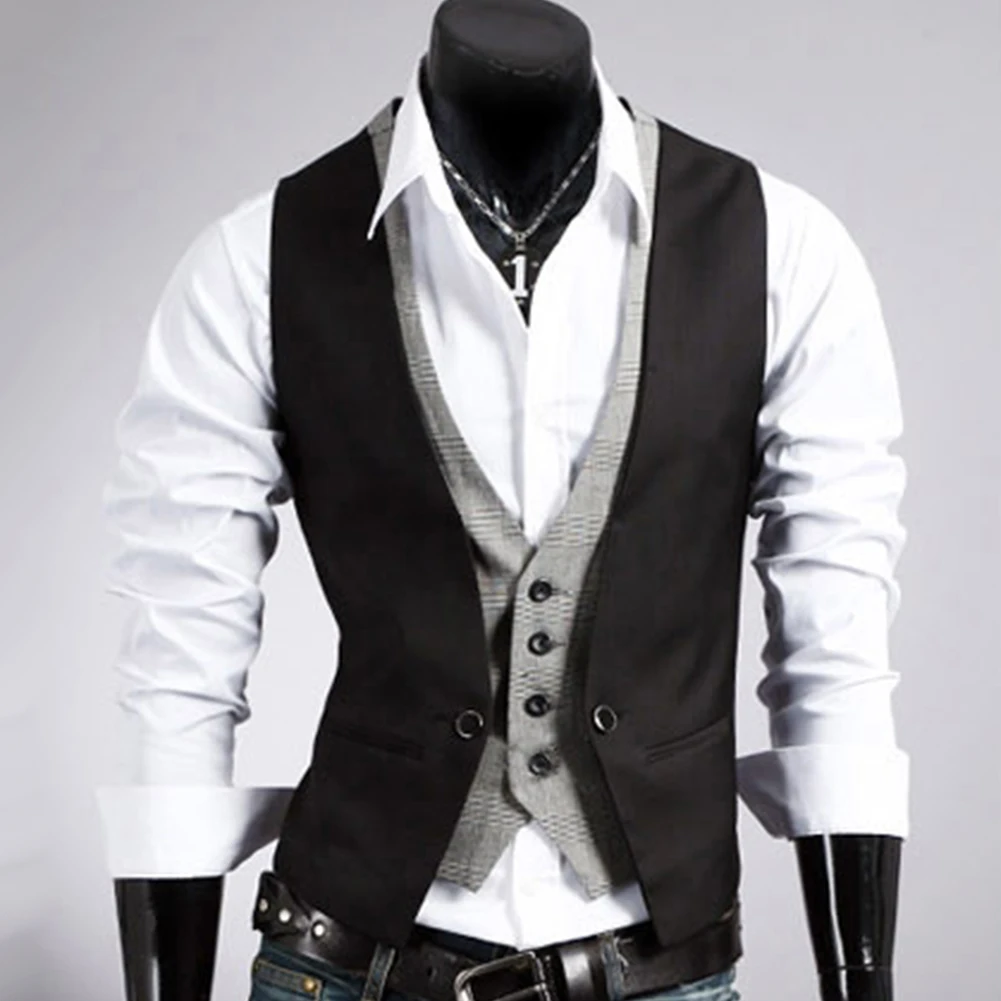 Men Formal Waistcoat Vest Business Solid Color Single Button Vest gilet Fake Two-pieces V Neck Casual S-lim chalecos para hombre