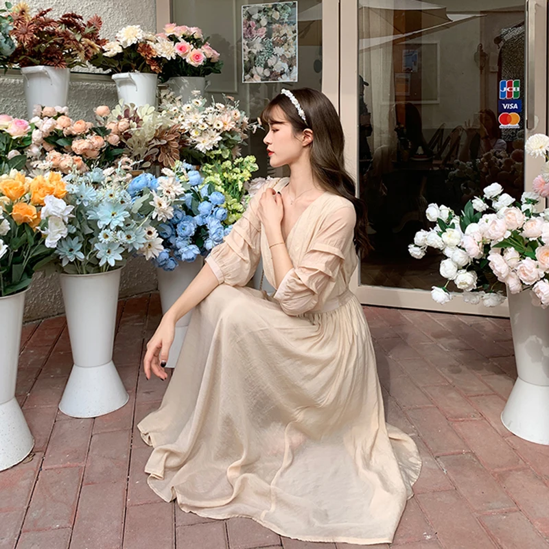 Korean  Retro French Court Style V-neck Pleated Short Sleeve High Waist Slimming Expandable Long Dress Women Summer lolita dress