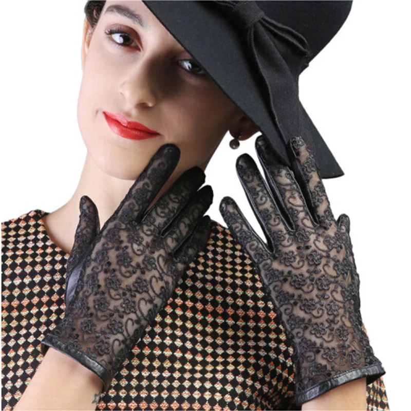 New Women Leather Touch Screen Gloves Fashion Sheepskin Embroidery Lace No Lining Spring And Summer Driving Black Mittens