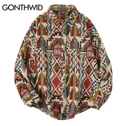 GONTHWID National Style Knitted Geometric Patterns Color Block Button Shirts Harajuku Casual Long Sleeve Tees Tops Streetwear