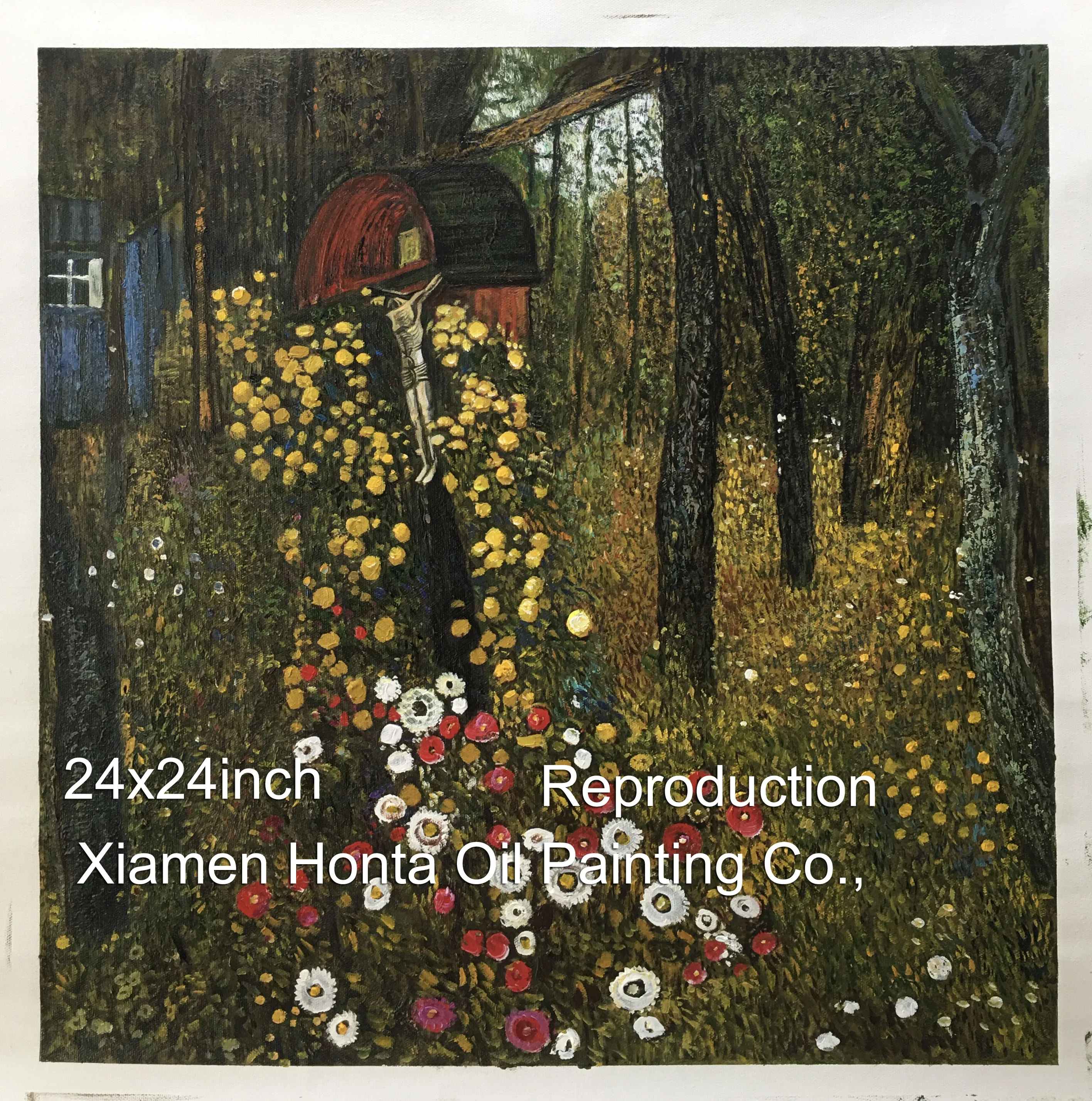100% handmade Oil Painting reproduction on Linen Canvas,Cottage Garden with Crucifix by gustav klimt, Free DHL Shipping