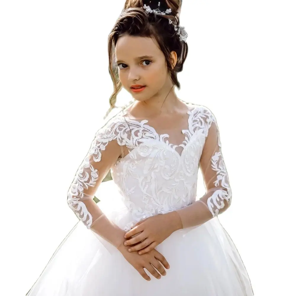 Vestido rendado de manga marfim para meninas, vestido de festa de casamento, primeira comunhão, renda, vestido de bebê, fofo, infantil