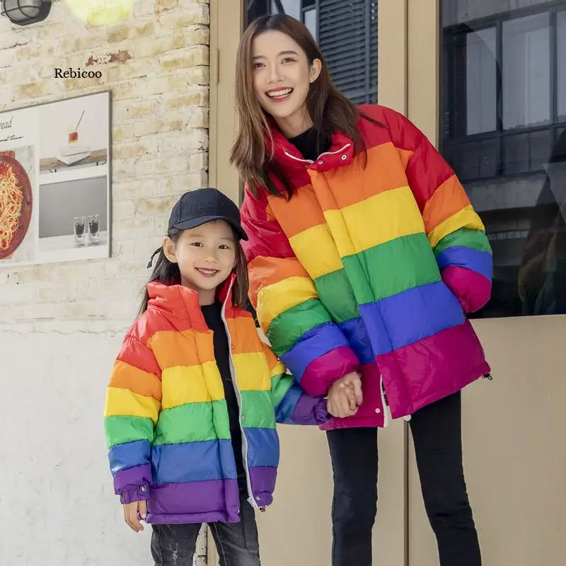 

Winter Down Jacket Women's Parka Coat 2021 Loose Fit Casual Stylish Rainbow Striped Puffer Jacket Women