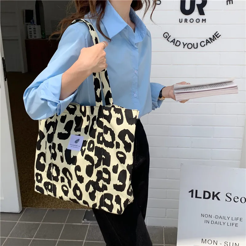 Canvas Checkerboard Bag For Women Casual Plaid Tote Shoulder Bags Leopard Print Large Handbags Female Travel Shopping School Bag