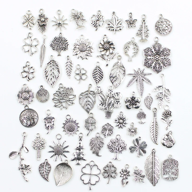 

30pcs Charms Clover Tree Leaf Flower Sunflower Antique Silver Color Mixed Pendants DIY Making Findings Tibetan Handmade Jewelry