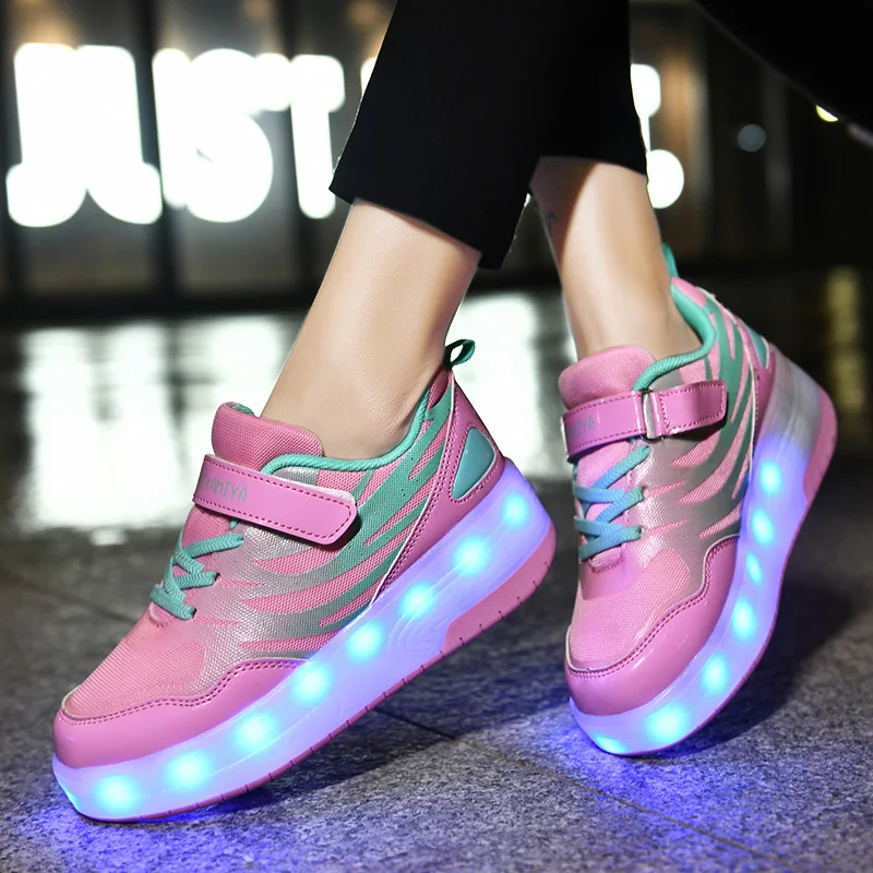 Led Schuhe Kinder Rollschuhe Jungen Sport 2021 Casual Mode Mädchen Rosa Schlepptau Räder Kinder Skating Frauen Licht Turnschuhe Stiefel