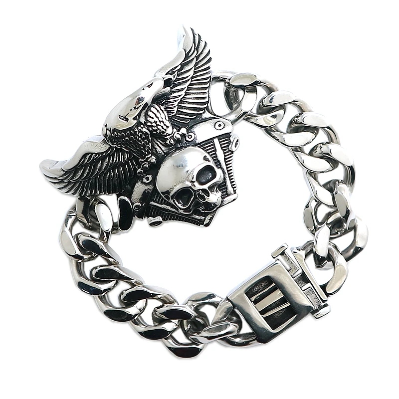 Men's 316L Stainless Steel Cool Motorcycle Eagle Biker Skull Rider Bracelet