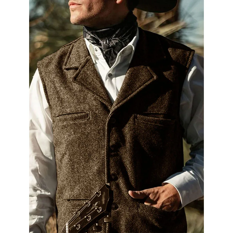 Men\'s Vest Herringbone Wool Vest Wedding Groom Vest Western Cowboy Vests Steampunk Vest Slim Fit Sleeveless Waistcoat