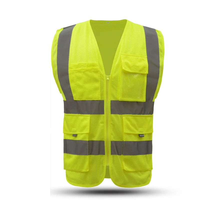 Hi Vis Fluorescent Yellow Safety Vest With Customized Logo Construction Vest Reflective With Pockets And Zipper For Men Workwear