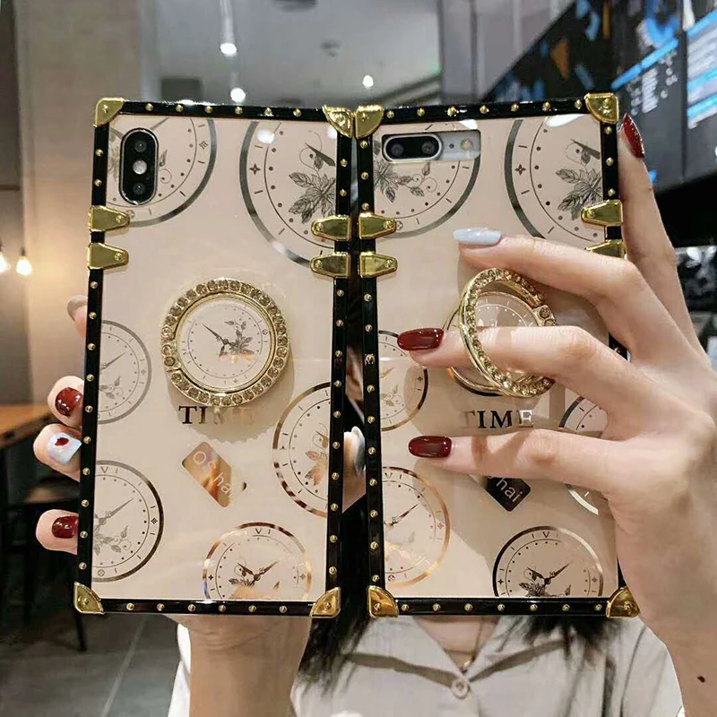 Luxury Time Pattern Square Phone Case for Samsung S10 S9 S20 S21 Note 10 Plus A70 A51 A71 A11 A21s Bling Ring Holder Cover Coque