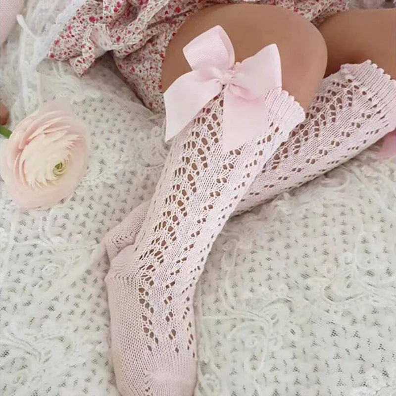 Cute Girls Knee High Socks Bows Cotton Breathable Soft Children Sokken Hollow Out Non-slip Newborn Infant Long Sock