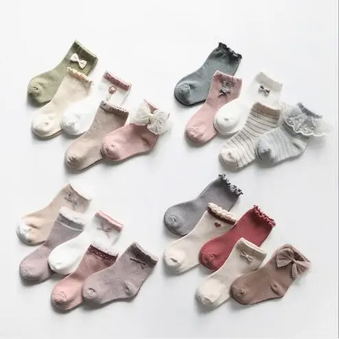 0-8 Y 2020 New lace bow girls princess socks boneless kids children socks 5pairs pack