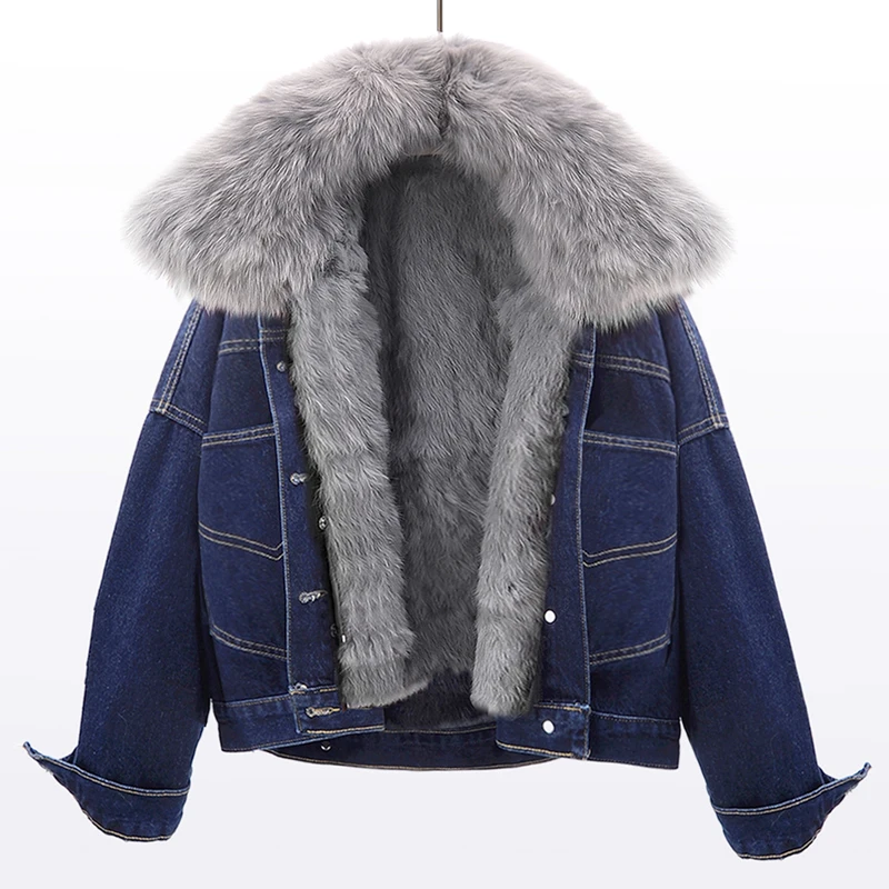 Natural Fox Fur Collar Coat Real Rabbit Fur Liner Denim Jacket Women Winter New Warm Short  Real Fur Parkas Jeans Coat WY277