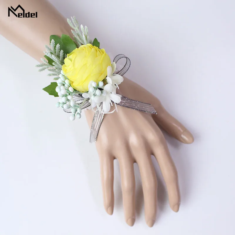 Meldel Boutonniere 신랑 Corsage 신부 손목 Corsage 팔찌 노란색 인공 실크 은방울꽃, 웨딩 용품