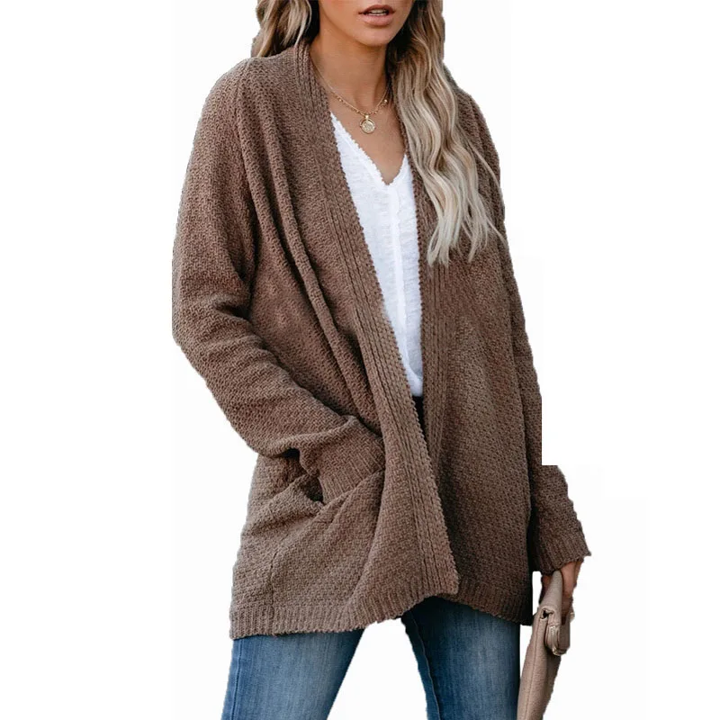 New Womens Solid Color Knitted Cardigan Sweater With Pocket Ladies Casual Medium Length Long Sleeve Outwear Coat For Fall Winter